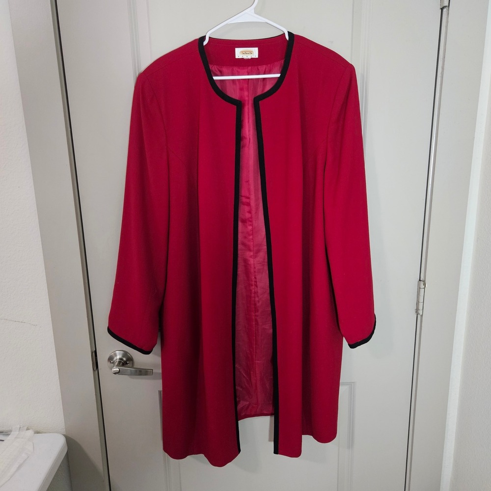 Talbots Woman Red 100% Wool Open Front Topper Coat Black Trim Plus Size‎ 22W